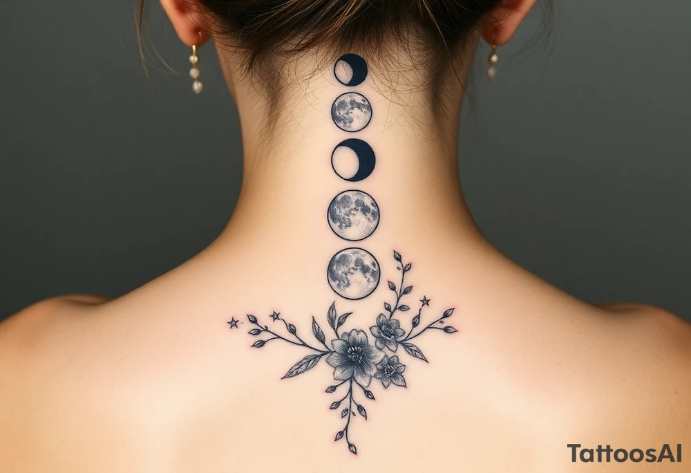 new moon, waxing crescent, first quarter, waxing gibbous, full moon, waning gibbous, third quarter, and waning crescent detailed down the spine details on the moon. With vines and stars and flowers along the sides down beside the phases of the moon tattoo idea