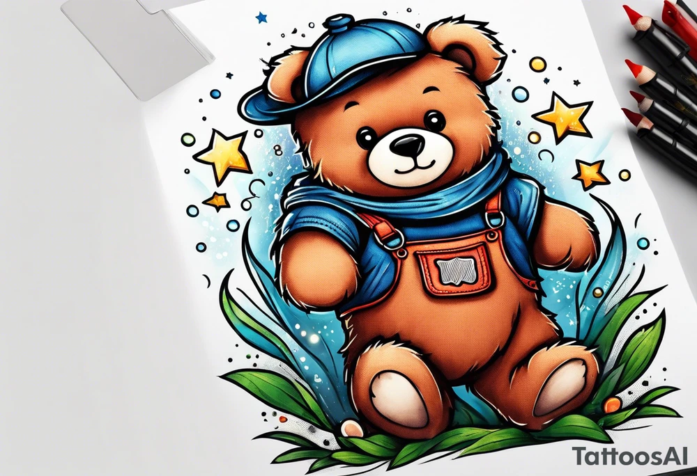 standing teddy bear in overalls tattoo idea