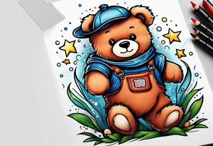 standing teddy bear in overalls tattoo idea