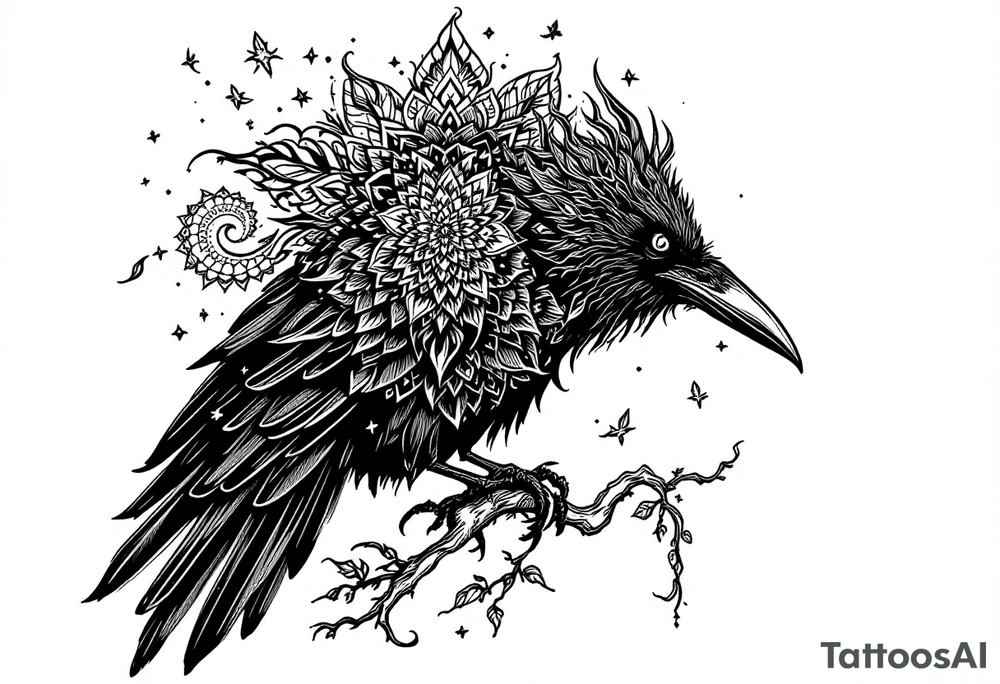 Black Raven on a branch looking over its shoulder with mandala tattoo idea
