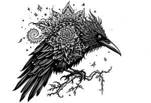 Black Raven on a branch looking over its shoulder with mandala tattoo idea