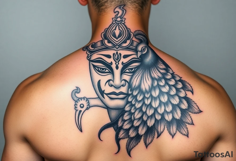 lord murugan colorful face tattoo with peacock
on back feminine tattoo idea