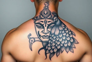 lord murugan colorful face tattoo with peacock
on back feminine tattoo idea