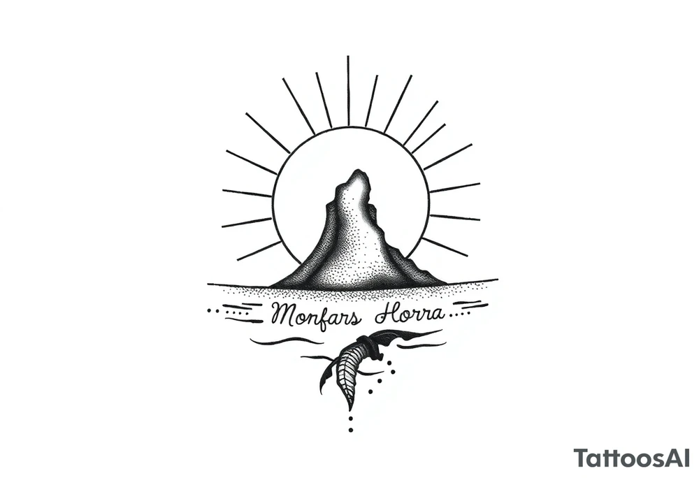tattoo of Bornholm, a small island in denmark, with a sun behind it. Incorporate the following text, "Morfars Horra" instead of some of the line in the sun tattoo idea