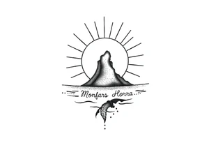 tattoo of Bornholm, a small island in denmark, with a sun behind it. Incorporate the following text, "Morfars Horra" instead of some of the line in the sun tattoo idea
