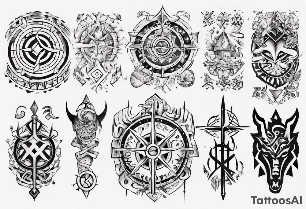Upper arm sleeve of nordic symbols tattoo idea