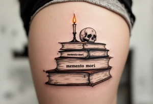 A pile of old books in dusty browns and grays, topped with a candle and skull, "memento mori" inked across the spines. tattoo idea