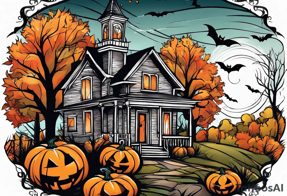 Midwestern street in fall with Halloween pumpkin tattoo idea