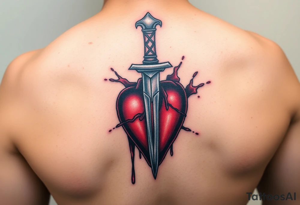 A bloody dagger piercing through a heart, with dark reds and metallic silver, representing pain, sacrifice, and passion tattoo idea