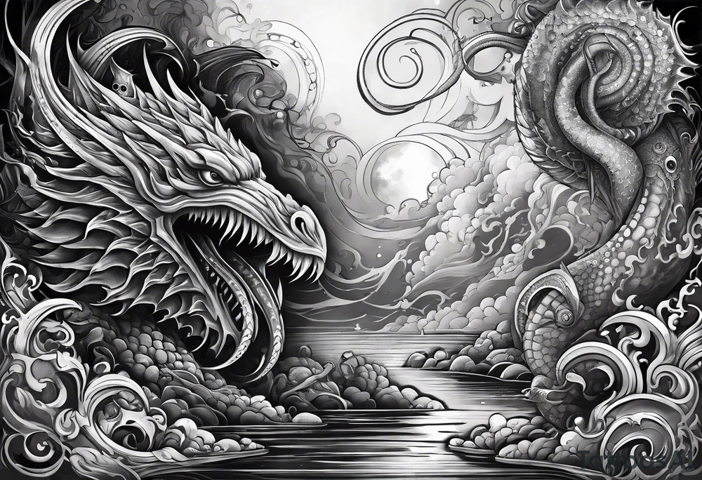 Lovecraftian creature, flowing into more futuristic technology elements. Half sleeve on arm. tattoo idea