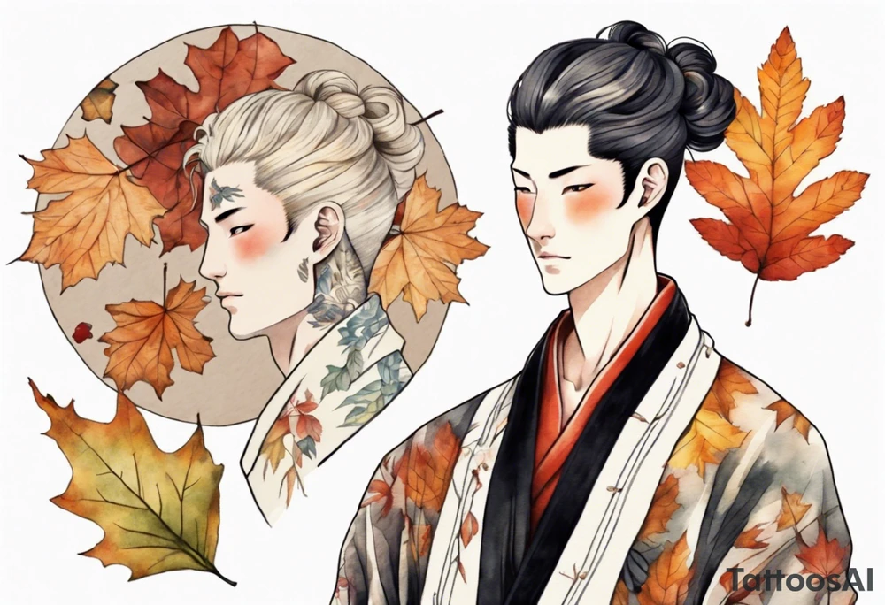 A tall, beautiful man with autumn leaves for hair, skin like birch bark, and a floral robe. tattoo idea