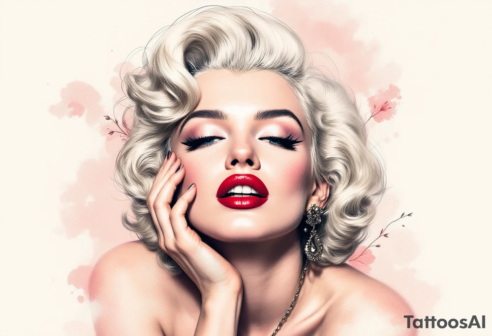 A vintage-style Marilyn in full color with platinum blonde hair, red lips, and a soft pastel background. tattoo idea