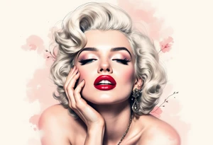 A vintage-style Marilyn in full color with platinum blonde hair, red lips, and a soft pastel background. tattoo idea