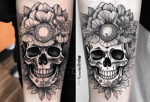 Left forearm tattoo of sunset and carnations on the outside of the forearm and on the inside there will be marigolds and a small skull tattoo idea