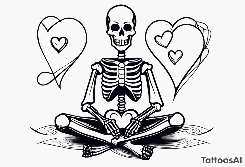 One skeleton with eyes in the shape of hearts, one skeleton sitting tattoo idea