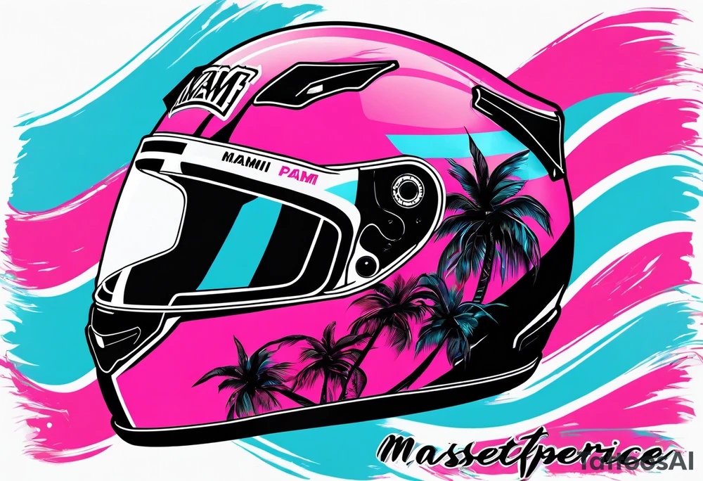 Formula 1 Helment with the Miami logo a palm tree and pink black and light blue colors tattoo idea