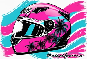 Formula 1 Helment with the Miami logo a palm tree and pink black and light blue colors tattoo idea
