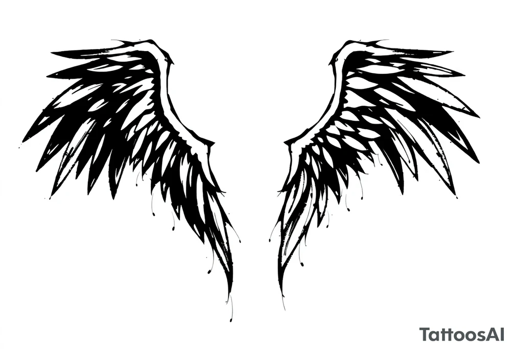 This tattoo design features a pair of asymmetrical angel wings drawn in black ink with a rough, sketch-like style. The left wing is darker, more defined, and appears denser, while the right wing is lighter, more delicate, and fragmented, creating a contrast between the two. The feathers are sharp and irregular, with fine lines and stray strokes extending outward, adding a raw and artistic feel. The overall look is dynamic and slightly chaotic, giving the impression of movement or an unfinished, ethereal form. This design symbolizes duality, freedom, transformation, or even struggle, making it a meaningful and visually striking tattoo. tattoo idea