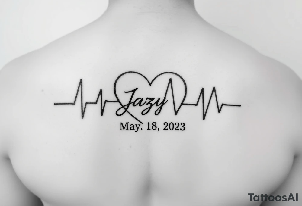 faded heart beat outline for a deceased best friend with the name Jazy and the date May 4, 2023 incorporated tattoo idea