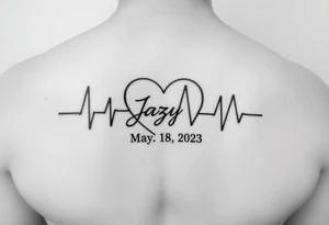 faded heart beat outline for a deceased best friend with the name Jazy and the date May 4, 2023 incorporated tattoo idea