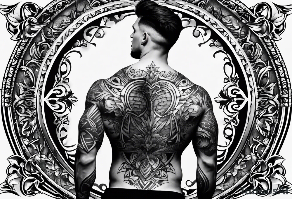 An aesthetic tattoo that is placed on the upper back of a male. It should represent catholic religion, discipline, pain, bodybuilding. tattoo idea