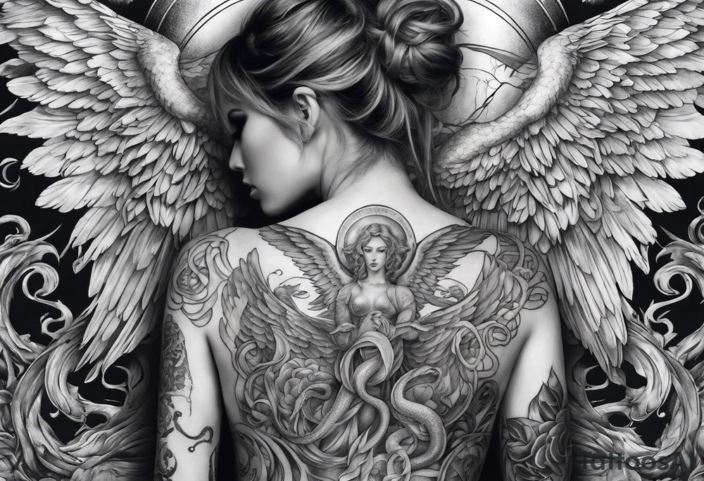 Full back piece depicting angels killing a snake tattoo idea Full back piece depicting angels killing a snake tattoo idea