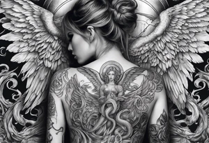 Full back piece depicting angels killing a snake tattoo idea