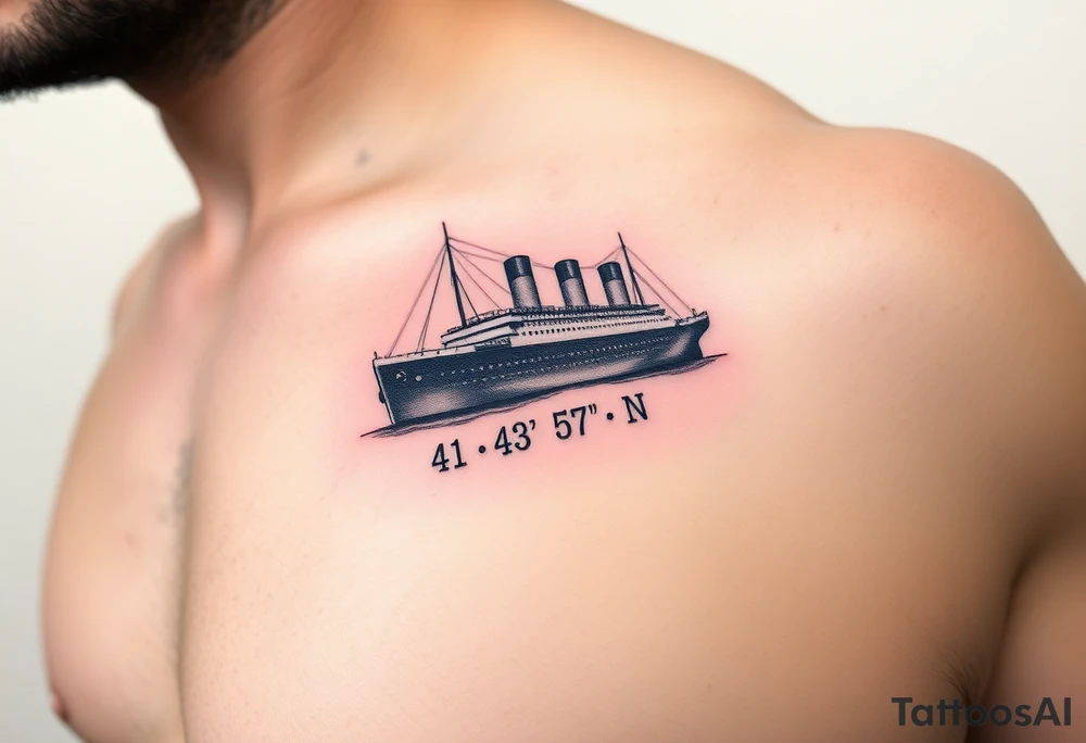 Ship image of Titanic with coordinates 41 43' 57" N 49 56' 49" W tattoo idea