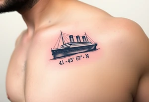 Ship image of Titanic with coordinates 41 43' 57" N 49 56' 49" W tattoo idea