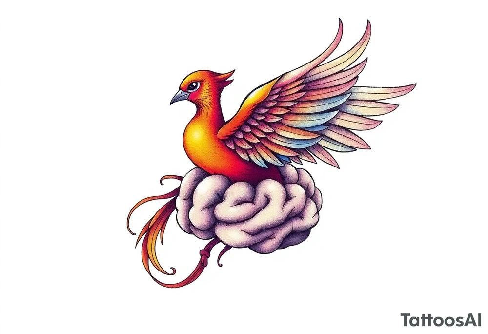Colorful phoenix flying out of a brain with 3-16-24 tattoo idea