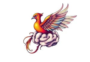 Colorful phoenix flying out of a brain with 3-16-24 tattoo idea