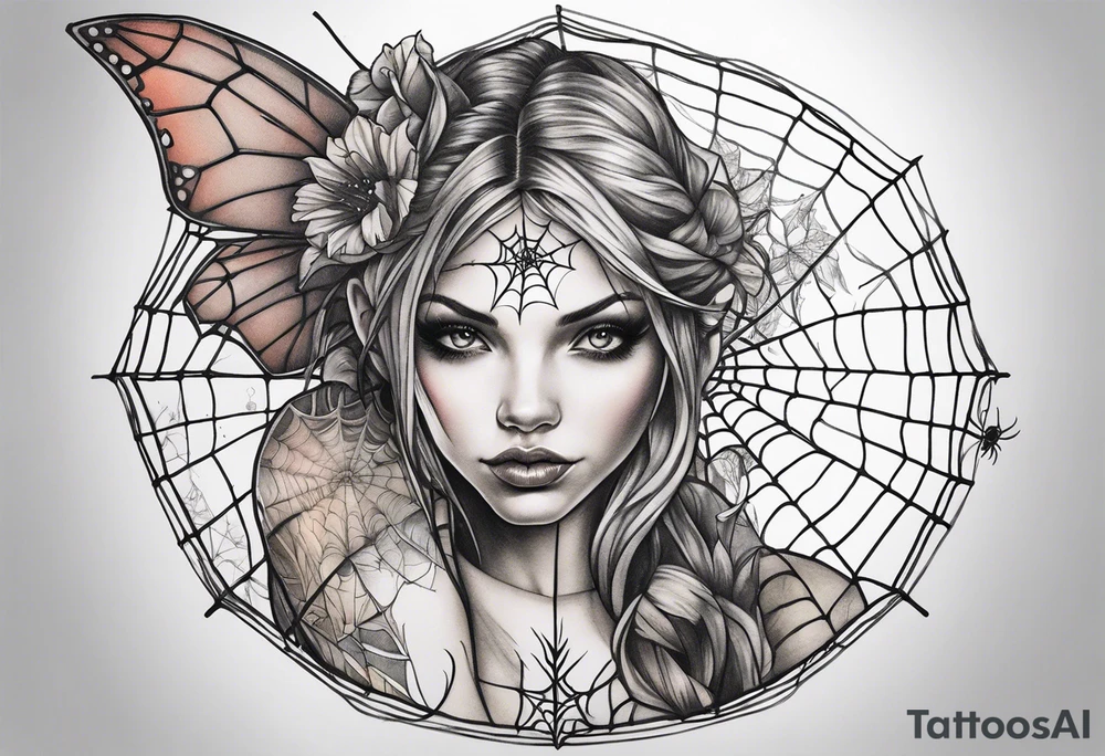 Fairy with bottom half of body wrapped up by spider web tattoo idea