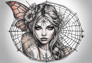 Fairy with bottom half of body wrapped up by spider web tattoo idea