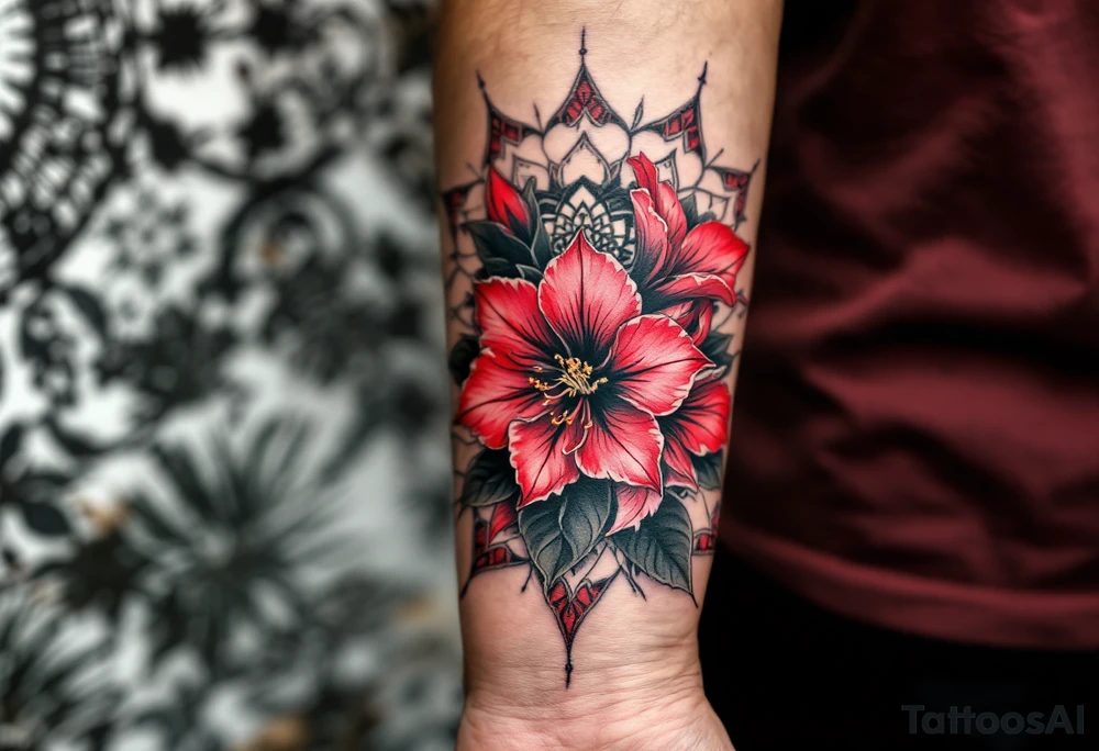 red  and black rhododendron trippy with mandala behind tattoo idea