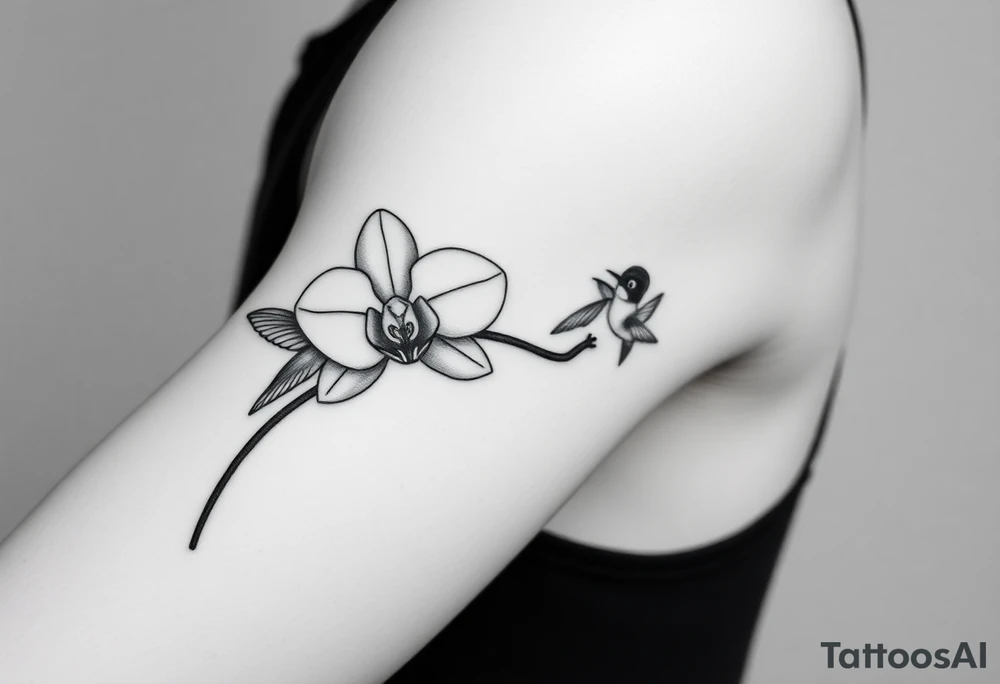 A delicate, black and white fine-line tattoo for male, featuring a gracefully detailed orchid in full bloom (stem and at least 2 flowers in full bloom), with soft, intricate petals and elegant curves. Beside it, a hummingbird hovers mid-flight, its wings drawn with subtle motion lines, its slender beak reaching toward the orchid’s center to drink its nectar. The design captures a sense of balance and harmony, with the contrast between the stillness of the flower and the gentle energy of the bird. Perfectly suited for the upper arm, this piece combines nature’s beauty and movement in a timeless, minimalist style. on the other flower there is a bee that's resting tattoo idea