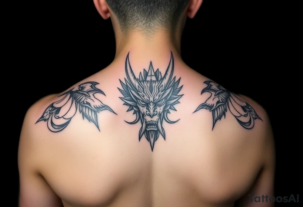 Tatuaje en espalda completa de la cabeza de un dragón demonio japones tattoo idea