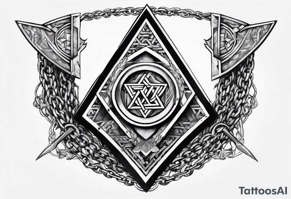 Valhalla sword shield  axe Valknut barbed wire chains tattoo idea