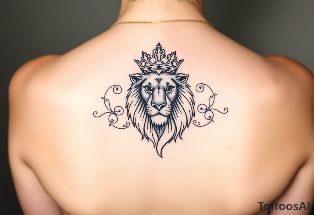majestic lion wearing ornate crown, surrounded by baroque flourishes tattoo idea