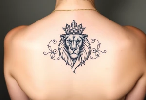 majestic lion wearing ornate crown, surrounded by baroque flourishes tattoo idea