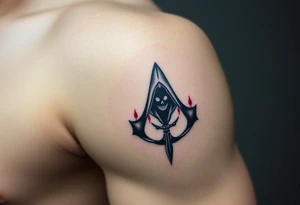 Assassins Creed emblem with hooded character, NO FACE, with blood splashes and a sword tattoo idea
