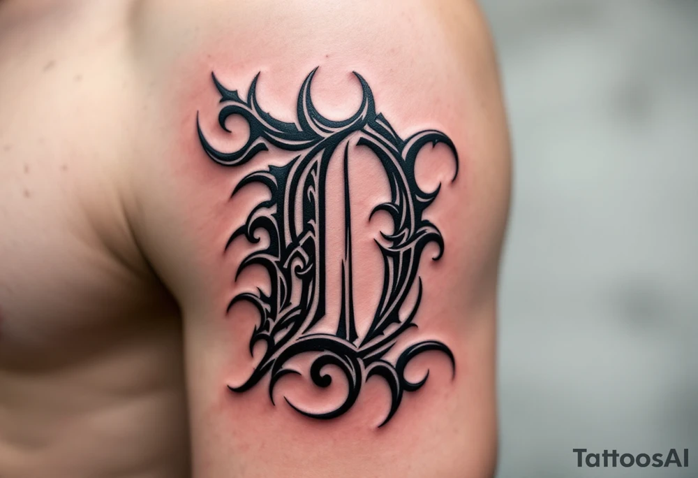 Tribal Style D – A sharp, black ink D stylized with tribal spikes and swirls, resembling Polynesian or Maori patterns. tattoo idea