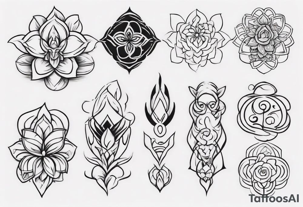 Create a tattoo with five separate images that are connected vertically by a single line. The images are an abstract icon monkey, a pie icon, the breathe yoga symbol and Thai for ten. Add some floral accents. Make it look feminine tattoo idea