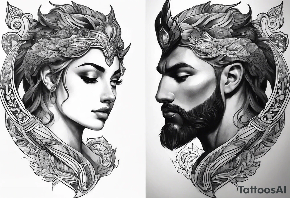 I want to design a mythological upper arm tattoo. I want to have a part of the arm empty and there is another tattoo there, it should not be too big. tattoo idea