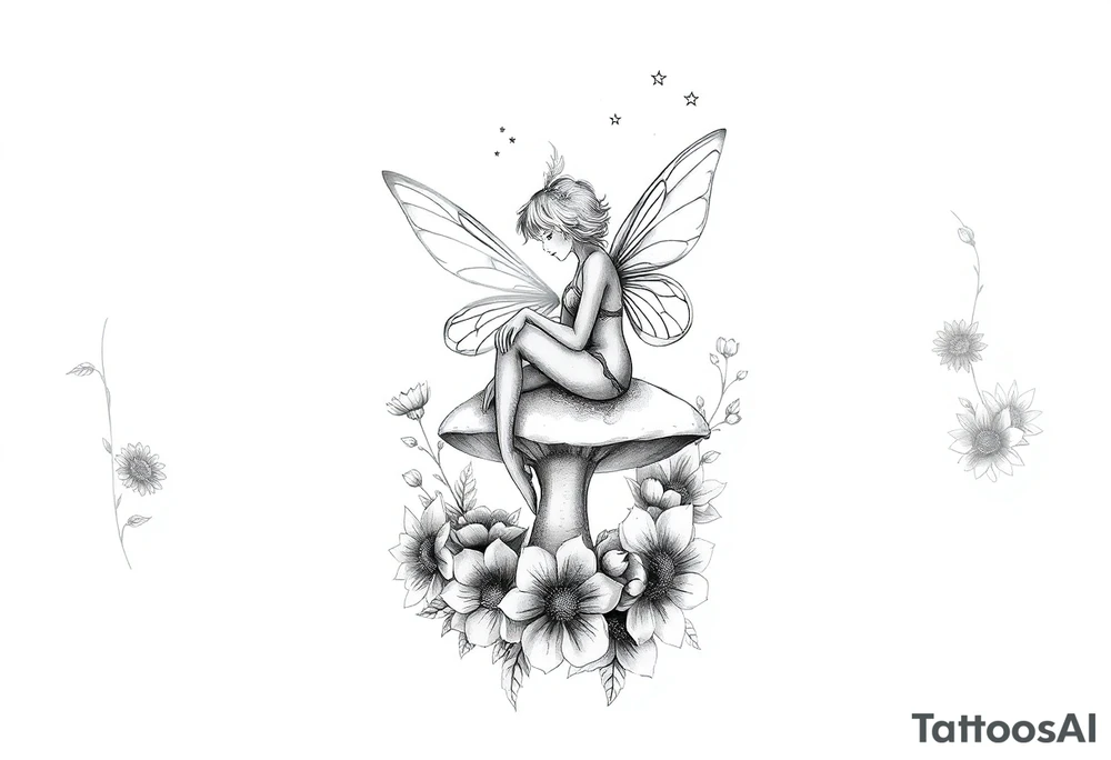 Mystical fairy sitting on a mushroom surrounded by flowers tattoo idea