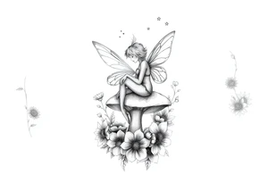 Mystical fairy sitting on a mushroom surrounded by flowers tattoo idea