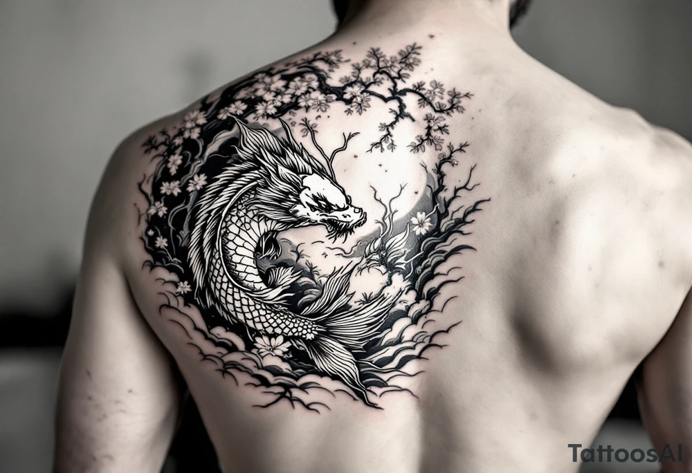 koi fish fighting a dragon with a sakura tree in the background, Japanese inspired piece tattoo idea