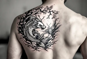koi fish fighting a dragon with a sakura tree in the background, Japanese inspired piece tattoo idea