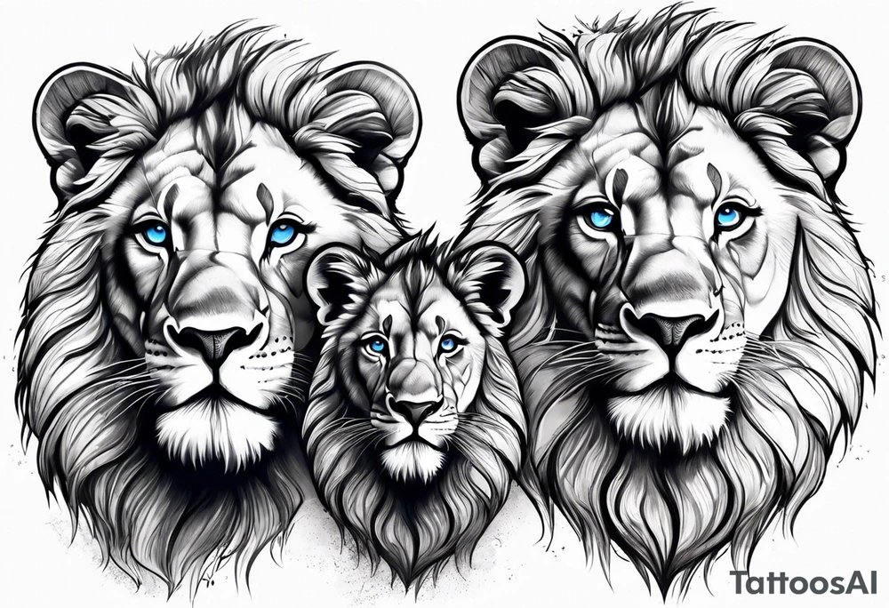 Male father lion with blue eyes. Two male cub lions one with blue eyes and the other brown. Father lion protecting cub lions. tattoo idea