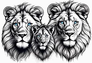 Male father lion with blue eyes. Two male cub lions one with blue eyes and the other brown. Father lion protecting cub lions. tattoo idea