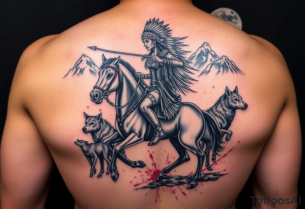 Native warrior women riding a horse with a strong bow and arrow, Surrounded by wolves & deer & blood splatter, the mountain background, a dark night with the moon in the sky tattoo idea